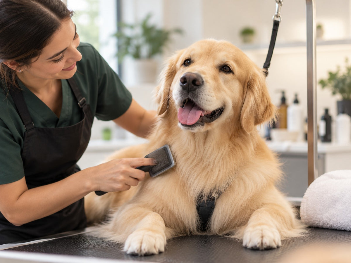 Imagen referencial de un golden retriever recibiendo cepillado profesional en una peluquería de mascotas.