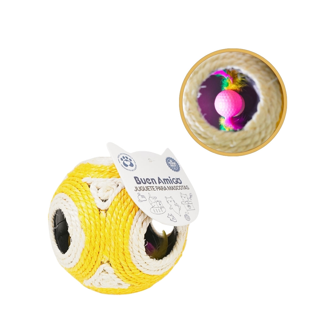 PELOTA DE SISAL CON SONAJERO PARA GATOS AMARILLA – Buen Amigo