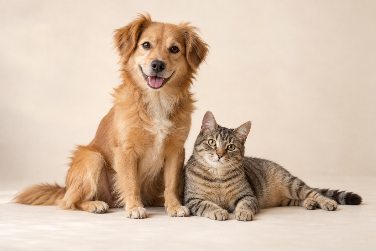 Perro de pelaje dorado junto a un gato atigrado