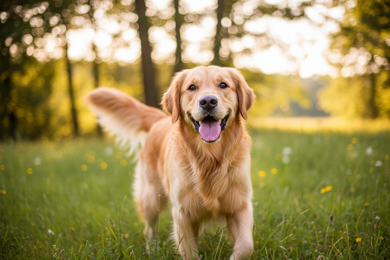Crea la imagen de un perro feliz, el fondo difuminalo solo en la parte superior. 