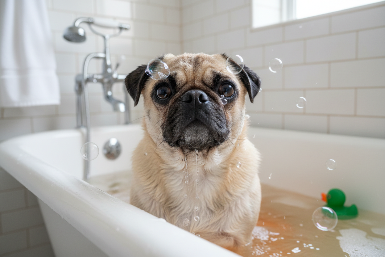 necesito la imagen de un perro tomando un baño, imagen realista. 